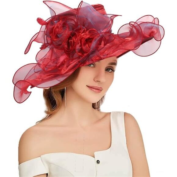 Women Sun Hat Church Wide Brim Wine Red